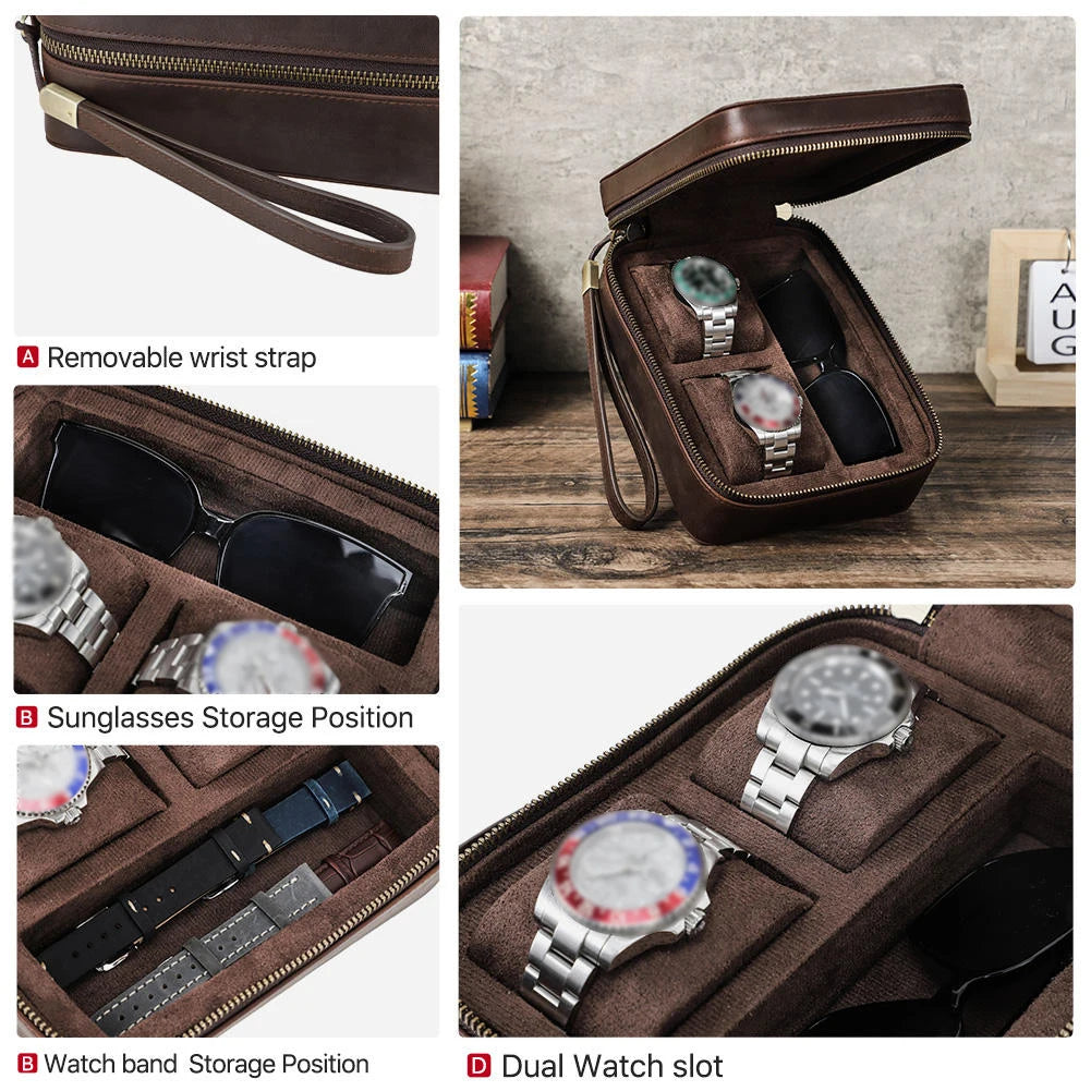 2 Watch Travel Case with Sunglasses Slot | Crazy Horse Leather-DiMarro Leather