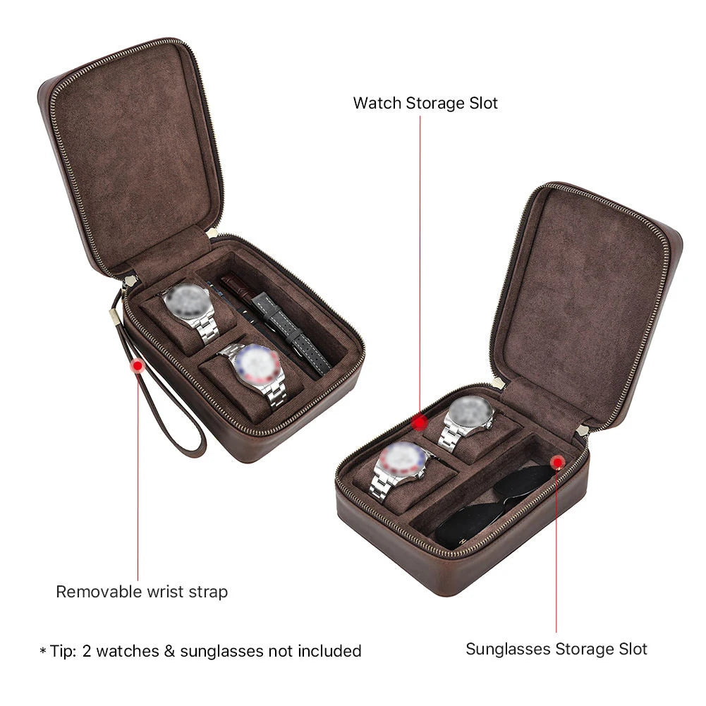 2 Watch Travel Case with Sunglasses Slot | Crazy Horse Leather-DiMarro Leather